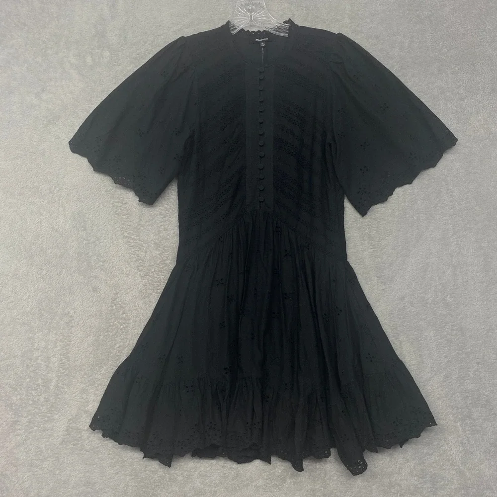 Madewell Dress Size 00 Black Eyelet Flutter Sleeve Mini Cotton Sundress NU556 - Picture 7 of 10